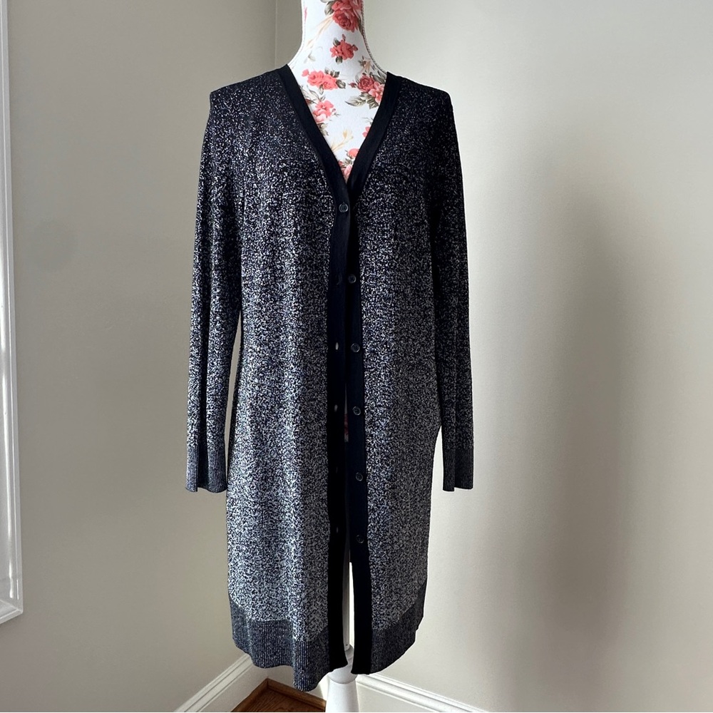 SOMA Metallic Lurex Duster Cardigan Sweater Black Silver Ombré Size M NEW